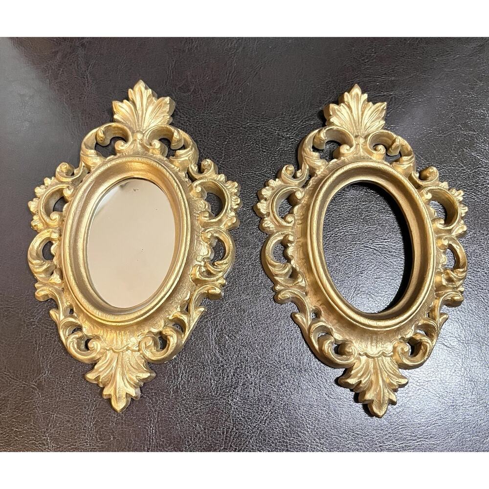 2 Vintage Small Hollywood Regency Mirror Frame Burwood Ornate Gold Tone USA